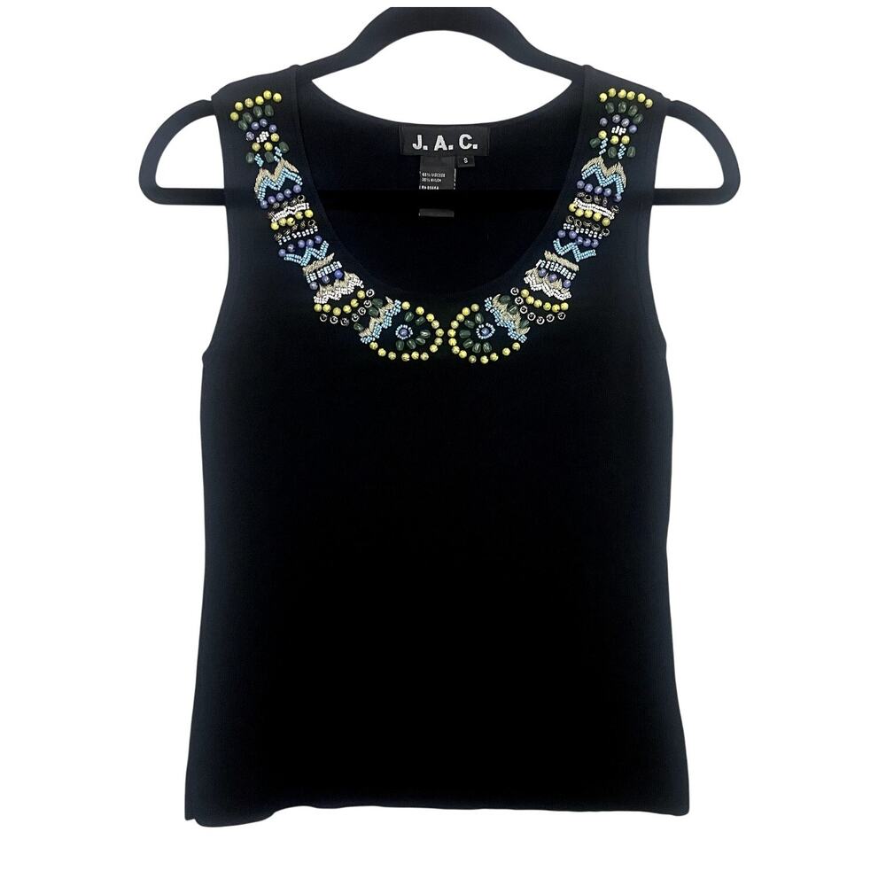 J.A.C. Beaded Embroidered Black Strech Tank Top Blue Green Beads Size Small